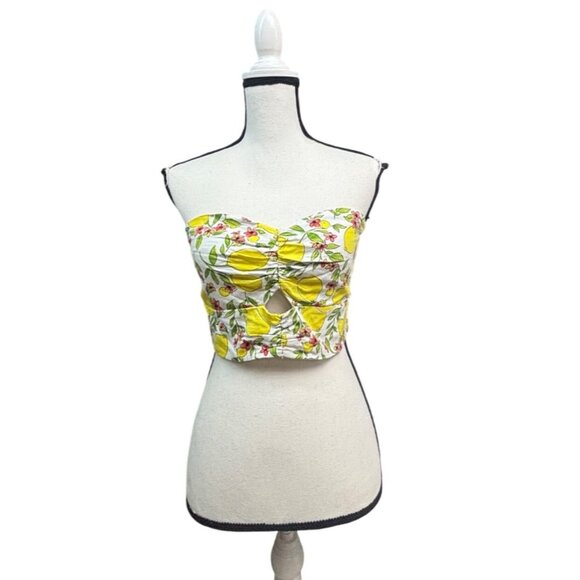 Monteau Los Angeles Lemon And Floral Print Linen Blend Cropped Tube Top, Sz. M - Picture 3 of 8
